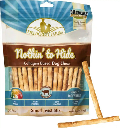 Fieldcrest Farms Nothin' to Hide Twist Stix, Beef Flavor, Easily Digestible, Supports Skin, Coat, Joints & Muscles, for Moderate Chewers under 15Lbs, 50 Pieces1