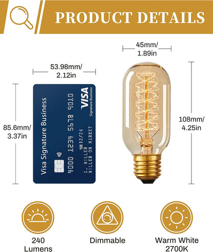 Edison Bulbs, Light Bulbs, Incandescent, Warm White, 40 Watt | Amber Glass, T45, 110-130 Volts, E26/E27 Base Incandescent Dimmable Decorative Antique Filament Light Bulbs, 4 Packs2