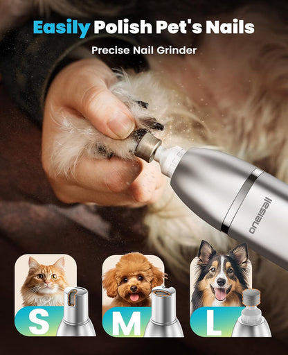Oneisall 4 in 1 Dog Grooming Kit with LCD Display | Paw Hair Trimmer & Nail Grinder, Rechargeable, Cordless, Low Noise, IPX7 Waterproof, 3 Speeds Pet Grooming Clippers5