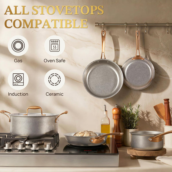 Pots and Pans Set 8 Pcs, Vintage Stainless Steel Cookware Set | Non-Toxic, PFOA/PFOS/PTFE Free, Kitchen Cooking Set with Frying Pans, Saucepans, Oven & Dishwasher Safe, Induction Compatible8