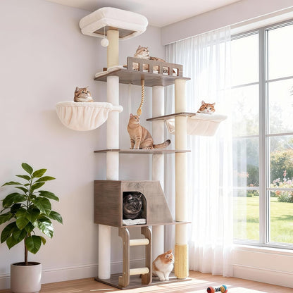 Hey-Brother Wooden Cat Tree, Furniture Tower with Large Platforms, MPJ121BT | 69.7 Inch, Modern Full Sisal Scratching Posts, Hammocks, Spacious Condo, Ladder, Brush, Water Proof Surface, White Oak11