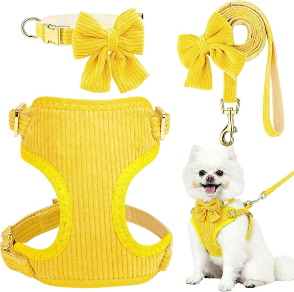 Small Dog Collar Harness and Leash Set, Dog Harness No Pull with Bowtie, Breathable Cotton Adjustable Pet Puppy Harness, Easy Walk Dog Harness, S(14–18.9")10