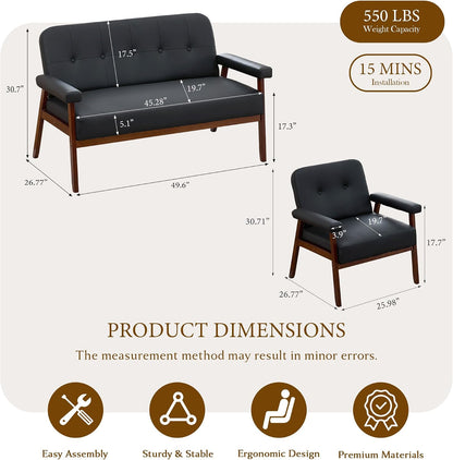 Black Leather Loveseat and Accent Chairs, Mid-Century Modern Office Furniture Sofa and Chair Set, Small Love Seat Couches with Wood Arm, 3 Pieces Living Room Furniture Sets (3)9