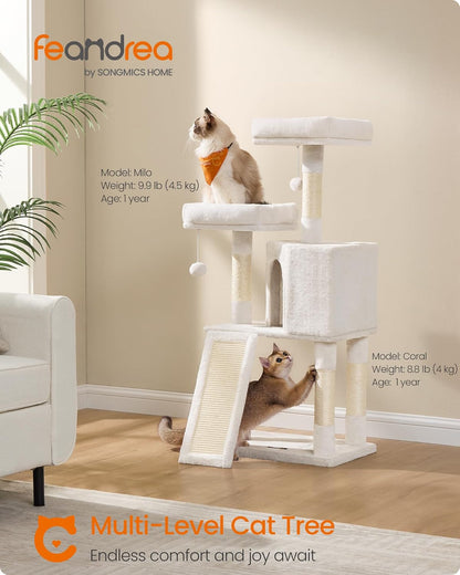 Feandrea Cat Tree, 45.3-Inch Cat Tower, Plush Condo Scratching Post, White | 45.3-Inch Cat Tower, Plush Condo with Scratching Post, Ramp, Perch, Spacious Cave, Cream White2