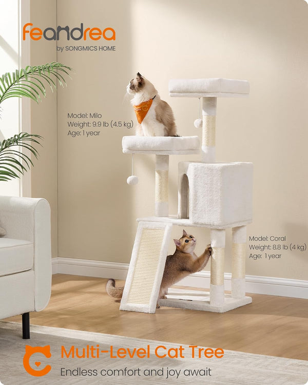 Feandrea Cat Tree, 45.3-Inch Cat Tower, Plush Condo Scratching Post, White | 45.3-Inch Cat Tower, Plush Condo with Scratching Post, Ramp, Perch, Spacious Cave, Cream White2