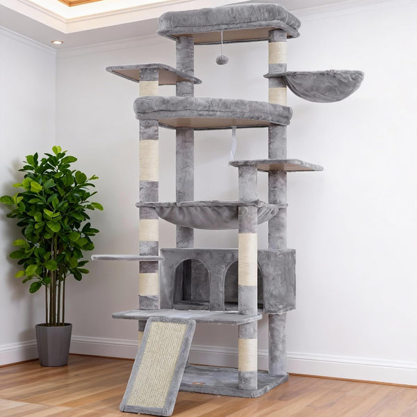Heybly Cat Tree, 71-Inch-Tall Tower for Indoor Cats with 2 Perches HCT034W | Large Cat Furniture with 2 Big Condos, 2 Hammocks, Basket, Scratching Pad, Multi-Level Cat Condo, Light Gray11