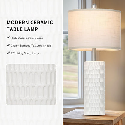 27" Ceramic Table Lamp, Farmhouse Table Lamp for Living Room, White Lamp for Bedroom, Night Stand, Modern Bedside Lamp Set of 2, End Table Lamps, White(2 Bulbs Included)2