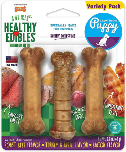 Nylabone Healthy Edibles Natural Puppy Chews Long Lasting Treats for Puppies, Roast Beef/Apple/Bacon Dog Treats, X-Small/Petite (3 Count)1