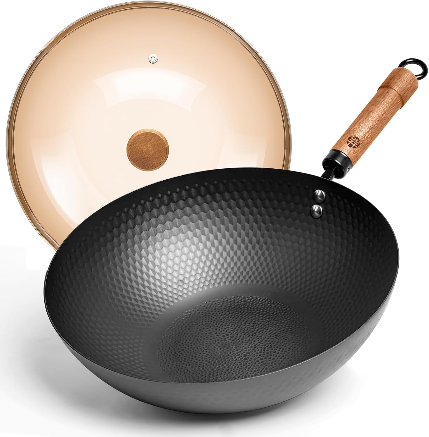 carbon-steel-wok-pan-with-lid-12-6-hammered-stir-fry-pan-thickened-heavy-duty-flat-bottom-wok-for-electric-induction-gas-stoves-detachable-wood-handle-no-chemical-coating-black