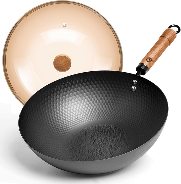 Carbon Steel Wok Pan with Lid, 12.6" Hammered Stir Fry Pan, Thickened Heavy Duty Flat Bottom Wok for Electric, Induction & Gas Stoves, Detachable Wood Handle, No Chemical Coating (Black)1