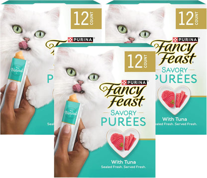 Purina Fancy Feast Squeezable Cat Treats Tube, Savory Puree Naturals with Natural Tuna in a Demi-Glace - 0.35 Ounce (Pack of 12)12