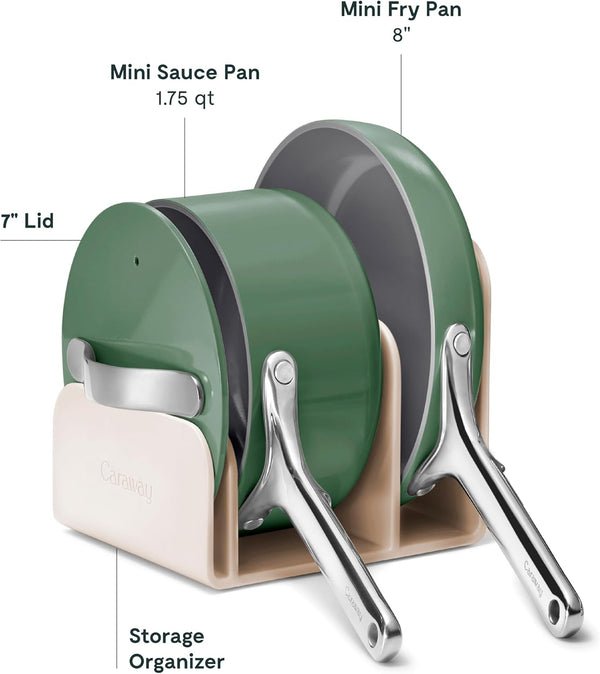 Caraway Non-Stick Ceramic Mini Cookware Set | Ceramic Fry Pan (1.05 Qt, 8") Sauce Pan (1.75 Qt) and Storage Rack, Non Toxic, PTFE & PFOA Free, Sage3