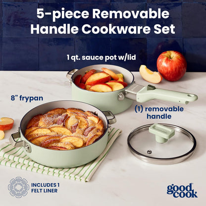 Ceramic Cookware Set 5-Piece with Removable Handle, Induction Compatible, Nonstick and Oven Safe with 8-Inch Frypan, Sage Green2