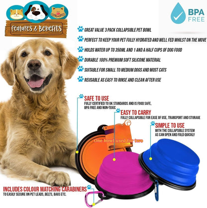 1Pc Collapsible Silicone Pet Feeder Portable Dog Travel Bowls, Water & Food Container with Carabiner Hook - Space-Saving Cat Bowl, Small 350Ml (12Fl Oz) (Blue)2