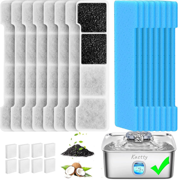 Kastty 15L Dog Water Fountain Filter Replacement for FS76 FS78 FS79 | Filter Made of Activated Carbon and PP Cotton, 8 Pack Pet Fountain Filters 8 Pack Pre-Filter Sponge with 8 Pump Sponge L051