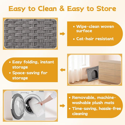 Snughome Handwoven Rattan Cat House - Indoor Foldable Cat Bed Cave with 2 Removable Bed Mats, Large Kitten House, Hideaway Pet Cube, 16.54 X 16.54 X 12.6 Inches, Grey, for Living Room & Bedroom7