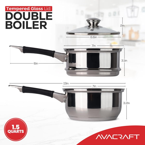 1.5 Quart 18/8 Stainless Steel Double Boiler with Glass Lid | 5-Layer Capsule Base, Ideal for Melting Chocolate, Butter, Cheese, Wax, Long Stay-Cool Handle, Comfortable Grip2