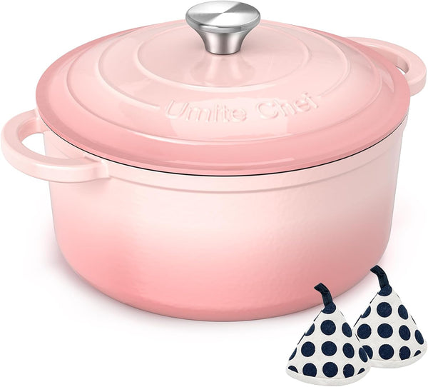 5QT Enameled Cast Iron Dutch Oven Pot with Lid, Heavy-Duty Cookware for Bread Baking, Braising, Stews, Roasting, Wedding Registry Ideas & Gifts (Pink)1
