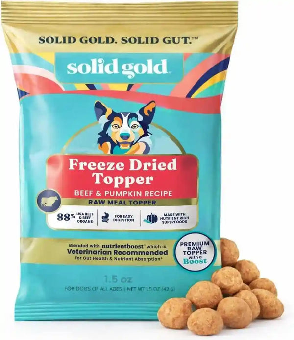 Solid Gold Freeze Dried Dog Food - W/Real Beef, Pumpkin & Superfoods - Freeze Dried Raw Dog Food Toppers for Picky Eaters to Serve as a Nutrient-Dense Meal Topper or High Protein Treats - 1.5Oz1