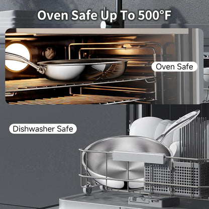 10 Inch Tri-Ply Stainless Steel Frying Pan with Lid,No Coatings PFOA&PTFE Free Skillets,Chef'S Pans,Dishwasher and Oven Safe Cookware, Compatible with All Cooktops7
