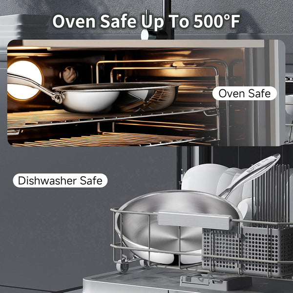10 Inch Tri-Ply Stainless Steel Frying Pan with Lid,No Coatings PFOA&PTFE Free Skillets,Chef'S Pans,Dishwasher and Oven Safe Cookware, Compatible with All Cooktops7