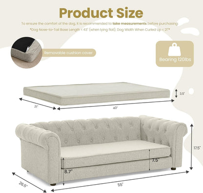 Elevated XL Large Dog Sofa with Backrest and Armrests, 55" Button Tufted Dog Couch Bed with Soft Cushion for Large Dogs, Stylish Lounging Bed Pet Couch Chair, 120Lbs Weight Capacity, Beige2