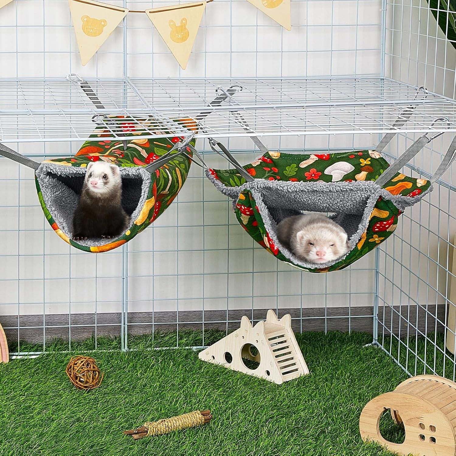 bienbee-2-pcs-ferret-rat-hammock-set-for-cage-washable-guinea-pig-hideout-bed-soft-small-animal-hammock-tunnel-toys-ferret-cage-accessories-for-hedgehog-sugar-glider-squirrel-hamster-green-mushroom