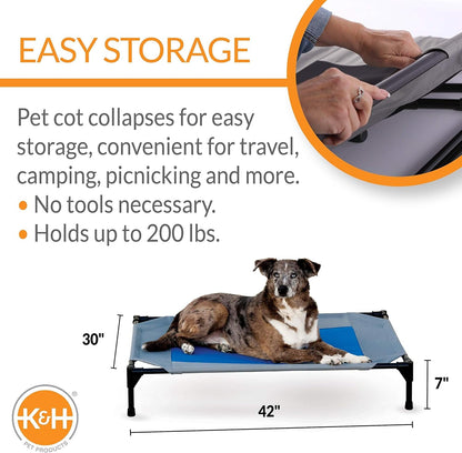 K&H Pet Products Coolin' Pet Cot, Outdoor Cooling Elevated Dog Cot for Large Dogs, Raised Bed with Cool-Core Center, Portable Pet Platform with Heavy-Duty Metal Frame - Large Gray/Blue2