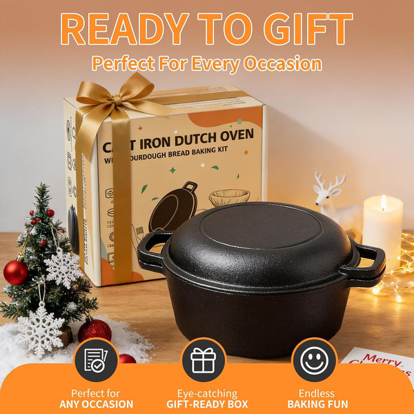 Pre-Seasoned Cast Iron Dutch Oven for Bread Baking - Incl. Sourdough Bread-Baking Supplies like Proofing Basket, 2-In-1 Dutch Oven Pot with Skillet Lid and Dual Handles, Sour Dough Tools, Lame, 5QT7