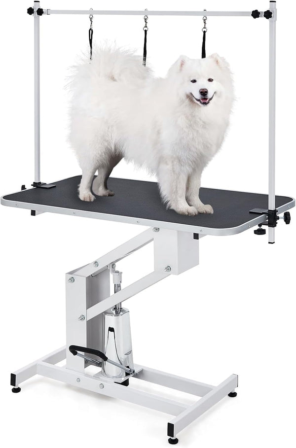 Garveelife 43.3" Hydraulic Dog Grooming Table for Pet, Heavy Duty Structural Hydraulic Max Load 350Lbs Professional Pet Grooming Table with Adjustable Overhead Arm & Noose Height Range 22"-39" (White)10