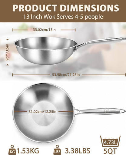 13-Inch Tri-Ply Stainless Steel Wok Pan with Lid | Detachable Handle | Stir-Frying Pan | Induction Wok | Dishwasher and Oven Safe | Heavy-Duty | Flat-Bottom2