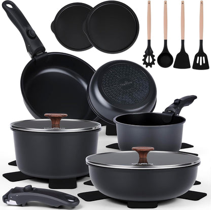 20-Piece Ceramic Nonstick Cookware Set | Detachable Handle, Stackable for RV | Oven & Dishwasher Safe1