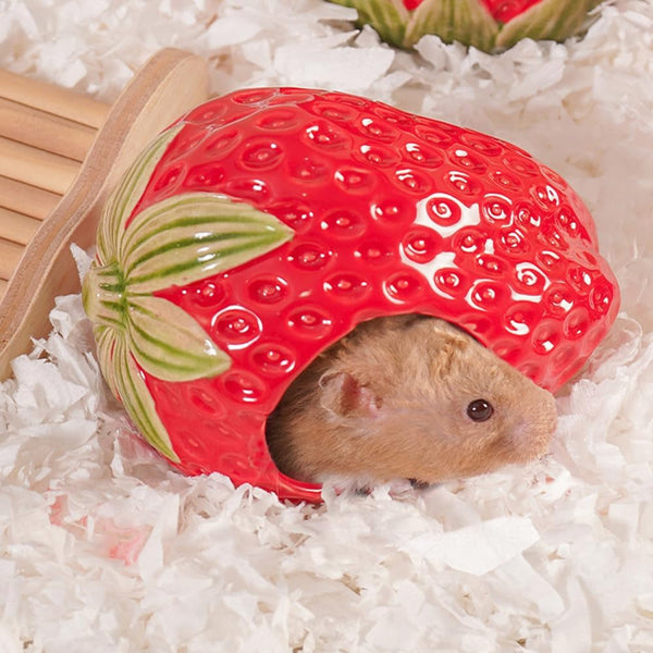 Ceramic Hamster Hideout Strawberry Chew Proof Syrian Hide Cool Bed | Easy to Clean Durable Ceramic Guinea Pig House, Good Hiding Hut Cave for Gerbil, Mice, Rat All Season，Cute Pink Habitat Decor9