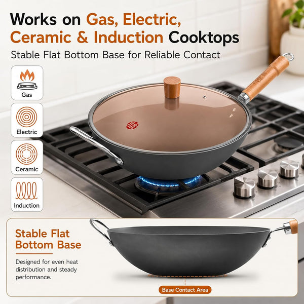 13.4 Inch Carbon Steel Wok Pan with Glass Lid, Flat Bottom Chinese Stir Fry Wok for Induction, Gas and Electric Stoves, Uncoated Iron Wok for Stir Frying, Sautéing and Deep Frying2