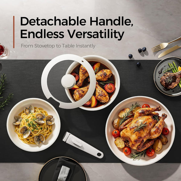 5PCS Pots and Pans Set Non Stick, Diamond-Titanium Ceramic Cookware Set & 3 Layer Stainless Steel with Detachable Handle, Induction Cookware, Non Toxic Oven/Dishwasher Safe, White5