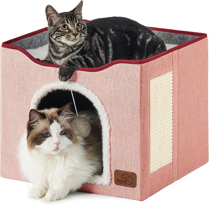 Bedsure Cat House Bed for Indoor Cats with Fluffy Ball and Scratch Pad,Grey | 16.5X16.5X13 In,Large Cat Cave for Multiple Pets,Foldable Cat Hideway Cube for Sleeping Kitten16