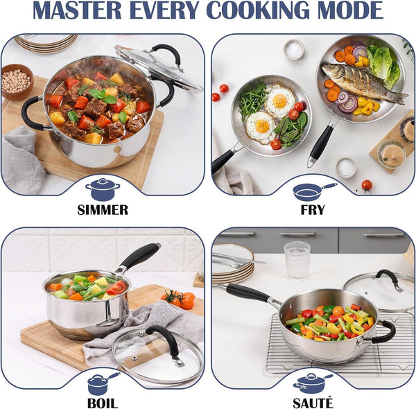 10-Piece Stainless Steel Cookware Set - Induction Pots and Pans Set | Tri-Ply Base with Stay-Cool Handles, Dishwasher Safe, Non-Toxic Kitchen Cooking Set W/ Frying Pans, Saucepans, Stockpot4