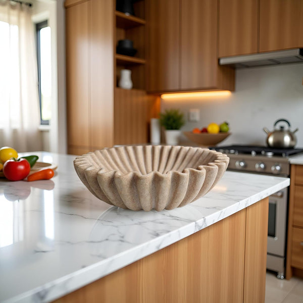 10" Large Decorative Bowl Decor, Scalloped Bowls for Modern Home Decor,Ruffle Decor,Stylish Key Bowl for Entry Table,Decorative Fruit Bowl for Kitchen Counter,Artificial Stone Beige2