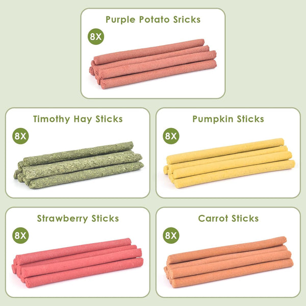 ERKOON 40Pcs Rabbit Timothy Hay Sticks, Five Flavors：Purplepotato/Timothyhay/Pumpkin/Strawberry/Carrot，Suitable Guinea Pig, Hamste, Gerbil, Chinchilla Treats, Chew Toys for Teeth for Bunnies2