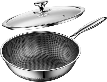 Wok,Hybrid 12-Inch Wok with Lid,Nonstick Stainless Steel Woks & Stir-Fry Pans,Dishwasher-Friendly,Pfas PFOA PTFE Free, Oven-Safe up to 600°F,Compatible with All Cooktops1
