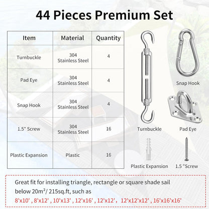 Sun Shade Sail Hardware Kit 6 Inch for Rectangle & Triangle Shade Sail Install, Stainless Steel Shade Sail Fixing Accessories for Outdoor Patio Canopy Garden, Heavy Duty Awning Attachment Set (44 Pcs)6