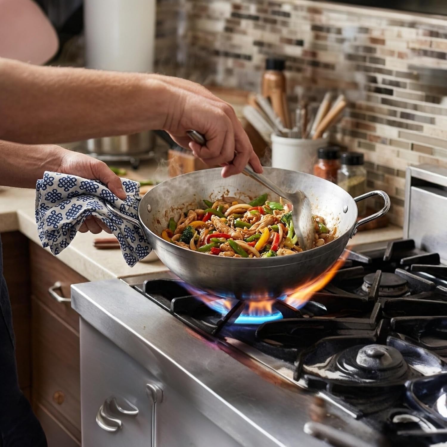 13-carbon-steel-wok-flat-bottom-stir-fry-pan-with-dual-steel-handles-includes-convertible-wood-trivet-lid-pre-seasoned-induction-gas-compatible-professional-grade-cookware
