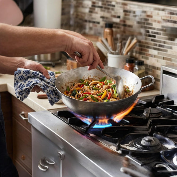 13” Carbon Steel Wok – Flat Bottom Stir Fry Pan with Dual Steel Handles – Includes Convertible Wood Trivet Lid – Pre-Seasoned, Induction & Gas Compatible – Professional Grade Cookware2