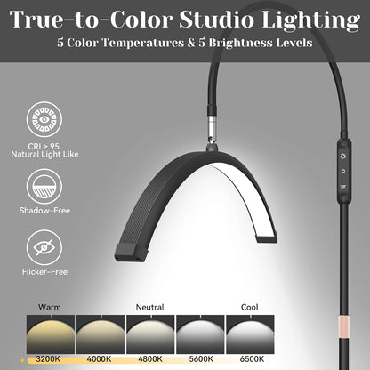 Half Moon Lash Light for Eyelash Tech, Esthetician, Tattoo, Black | Movable Tray, Shadow-Free, Cool/Warm Modes, Dimmable Brightness, Flexible Head, Floor Lash Lamp for Skincare, Nail Art, SPA3