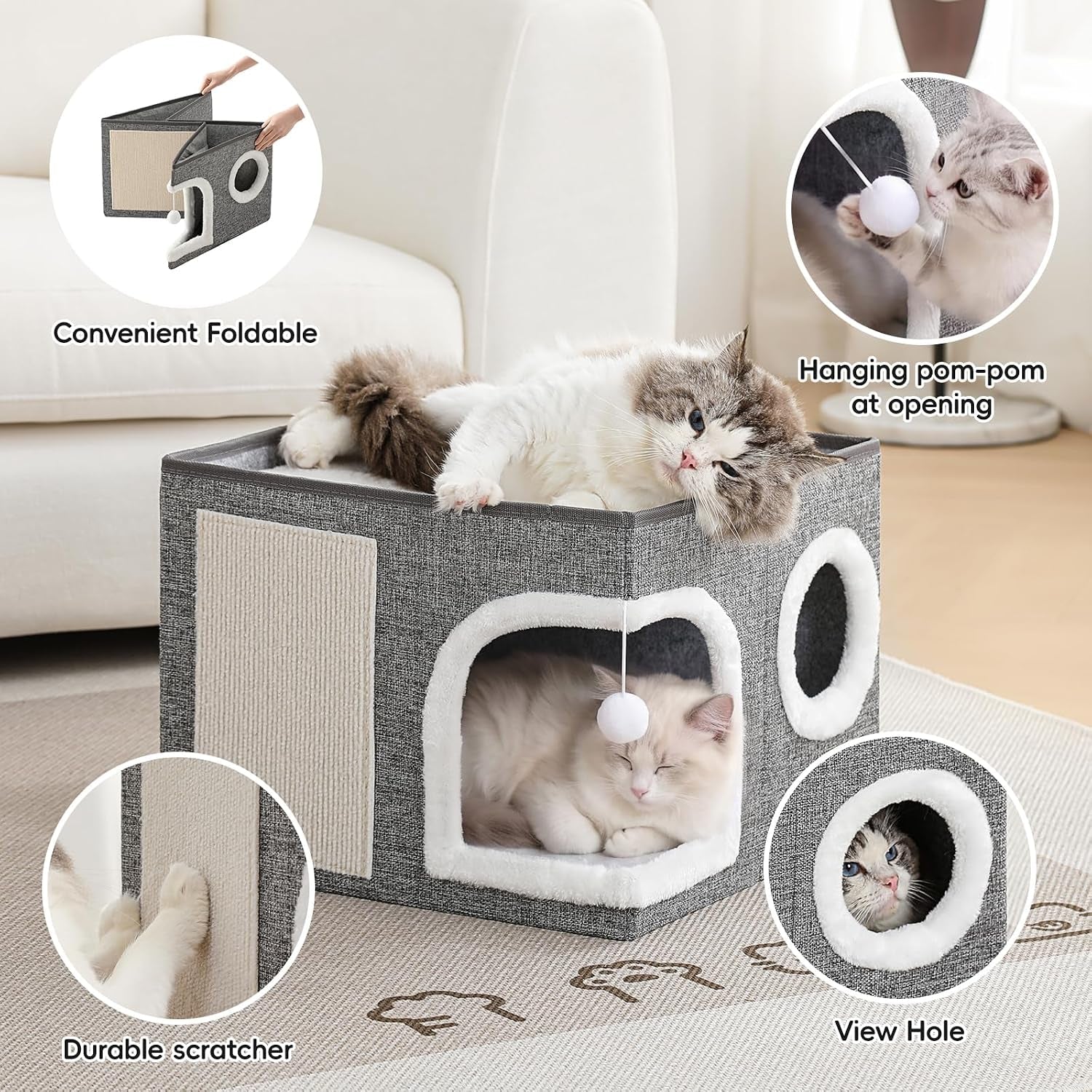 cat-beds-for-indoor-cats-large-cat-cave-house-with-scratch-pad-and-fluffy-ball-foldable-cat-condo-hideaway-modern-kitten-bed-grey