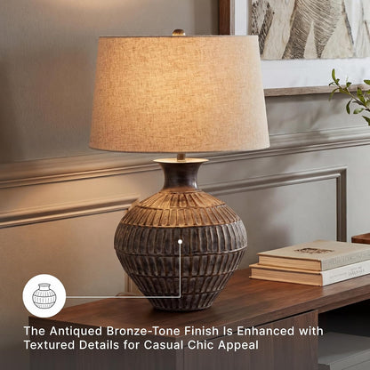 Signature Design by Ashley Magan Metal Table Lamp, 28", Antique Bronze | Antique Bronze-Tone Metal Base, Textured Pattern, Fabric Modified Drum Shade, Living Room or Entryway Use, 3-Way Switch4
