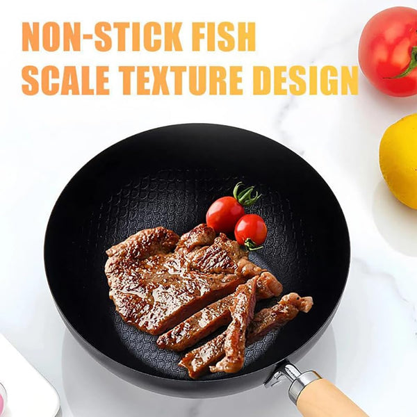 Japanese Iron Pot with Lid, Heavy Duty Uncoated Iron Wok, Deep Frying Pan for Stovetop Cooking, Traditional Iron Cookware for Stir Fry and Sauté (Hammer-Glass Cover, M-9.5 In)5
