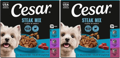 Cesar Filets in Gravy Wet Dog Food, Steak Mix Variety, 3.5 Oz, 24 Count | Filet Mignon, New York Strip & Prime Rib, Real Meat, Slow-Cooked, No Fillers/Added Sugar/Artificial Flavors, Easy Peel Trays15