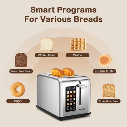 2 Slice Toaster Touch Screen 1.5" Wide Slot, Stainless Steel Smart Bread Toaster for Bagel Muffin Waffle Gluten Free Breads, Timer, Defrost, Reheat, 120V 825W3