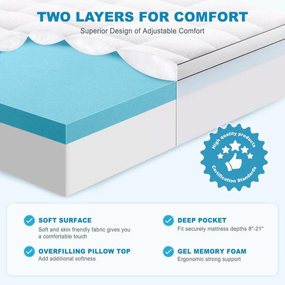 King Size Dual Layer 4 Inch Memory Foam Mattress Topper, 2 Inch Gel Memory Foam and 2 Inch Cooling Pillow Top Mattress Pad Cover for Back Pain, Medium Support2